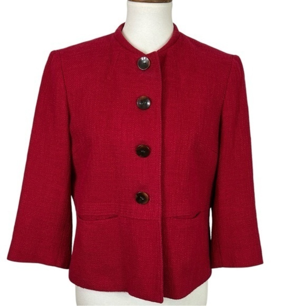 Talbots Mulberry Red Textured Button Front Blazer Jacket Tortoise Buttons Size 8